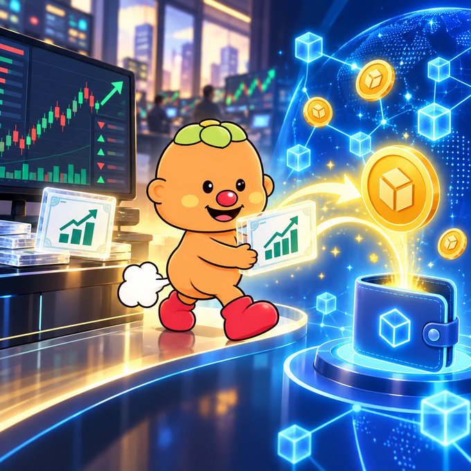 A digital illustration of a cartoon baby with a clover on its head holding stock market charts, running past a monitor displaying financial graphs and coins flying out of a digital wallet.