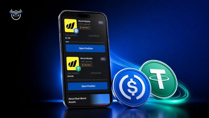 A promotional image showing a smartphone displaying a 'World Mobile' trading app with 'Open Position' buttons, alongside USDC and Tether (USDT) cryptocurrency coins on a dark blue background.