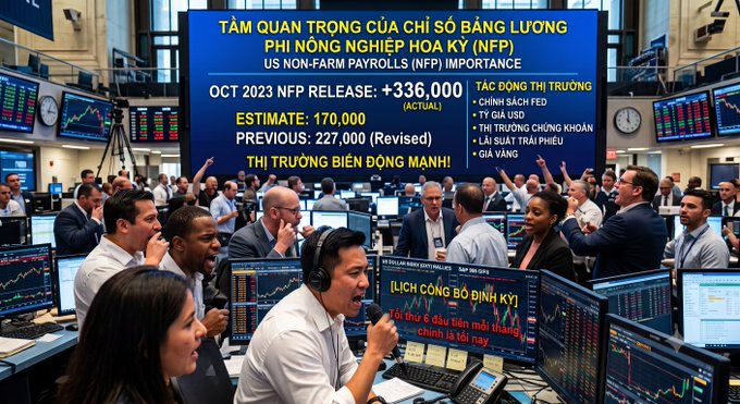 A busy stock trading floor with people looking at multiple screens, featuring a large blue display about the 'OCT 2023 NFP RELEASE: +336,000 (ACTUAL)' US Non-Farm Payrolls with an estimate of 170,000 and previous 227,000 revised.
