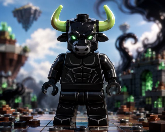 A LEGO minifigure with a black bull-like body and glowing green horns stands in a fantasy LEGO landscape with floating islands and green crystal formations.