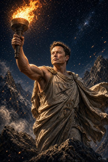 A dramatic digital artwork depicting a muscular man in a toga emblazoned with the "SPACEX" logo, raising a flaming torch against a starry night sky and mountainous backdrop, evoking classical Greek sculpture aesthetics.