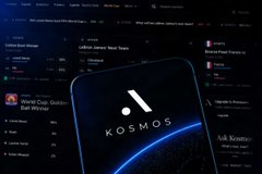 The image shows the Kosmos prediction market platform displayed on a smartphone screen, with surrounding interface elements for sports betting, a New Yorker article preview, and trending markets including Will the Euro Union Ball Wincer, Business Fraud Events, Bitcoin Price, and Ethereum & Bitcoin markets—visually representing the fragmented prediction market landscape that Kosmos aims to unify.