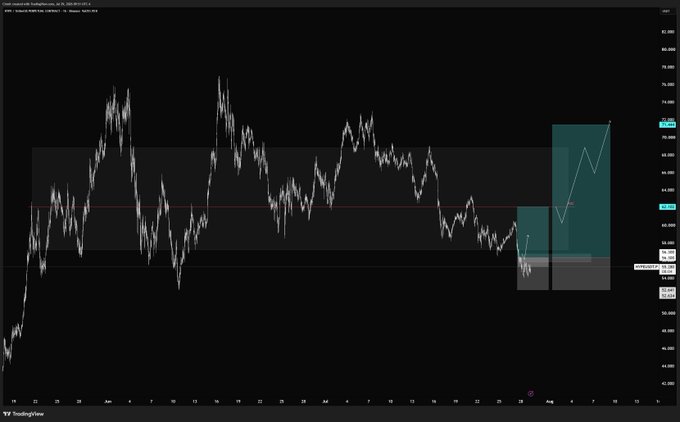 A TradingView price chart of HYPE/USD on Binance, with highlighted projected trading ranges (green and gray shaded boxes) extending through early August. The chart shows recent price action with technical analysis drawn in, aligning with the user's weekly outlook noting they are "still holding longs" and will update if anything changes.