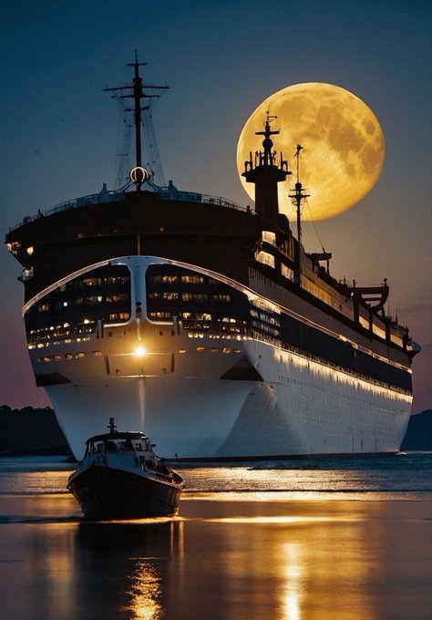 A large cruise ship sails at night beneath a bright full moon, with a smaller boat in the foreground and the ship's lights reflecting on the calm water.