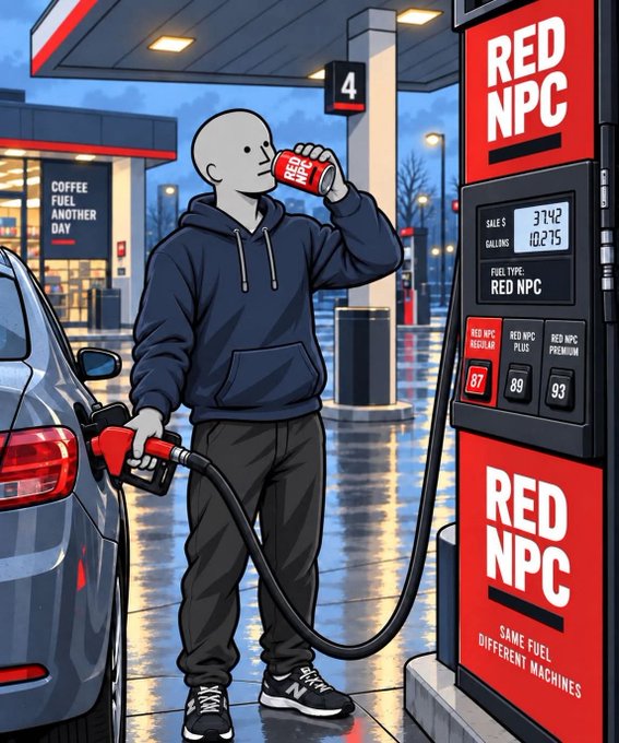 An illustration of a grey, faceless humanoid figure in a hoodie fueling a car at a 'RED NPC' gas station while drinking a 'RED NPC' branded can, with prices for 'Regular', 'Plus', and 'Premium' listed on the pump.