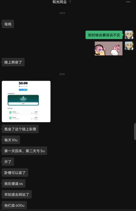 A WeChat conversation screenshot where the user explains they fell asleep just as the NFT went on sale at $0.00, resulting in a 500u profit loss. The chat shows them venting about missing the mint while their group chat friends reveal a structured purchase strategy (10u daily, 5u on day 2) and discuss using a virtual private network.