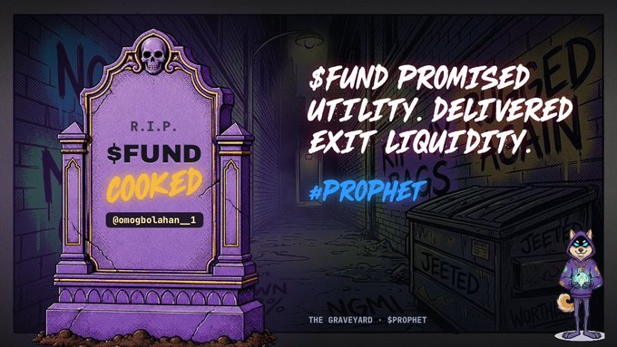 A stylized graveyard graphic features a tombstone reading 'R.I.P. $FUND COOKED @omogbolahan_1' with text stating '$FUND PROMISED UTILITY. DELIVERED EXIT LIQUIDITY. #PROPHET' and a cartoon cat character.