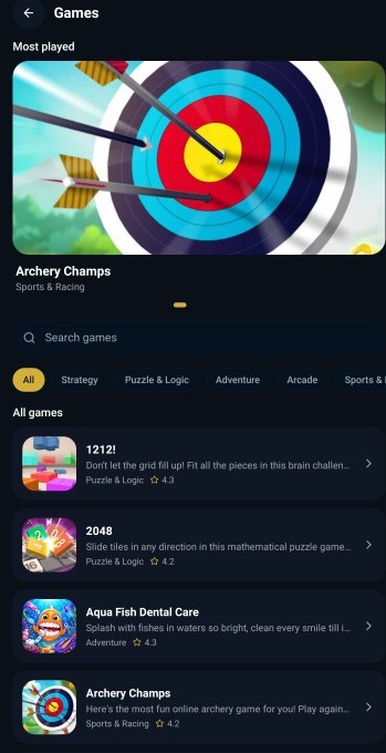 A mobile app's Games store page featuring 'Archery Champs' as the most played game, with categories for Strategy, Puzzle & Logic, Adventure, Arcade, and Sports & Racing, and a list of all games including '1212!', '2048', and 'Aqua Fish Dental Care'.