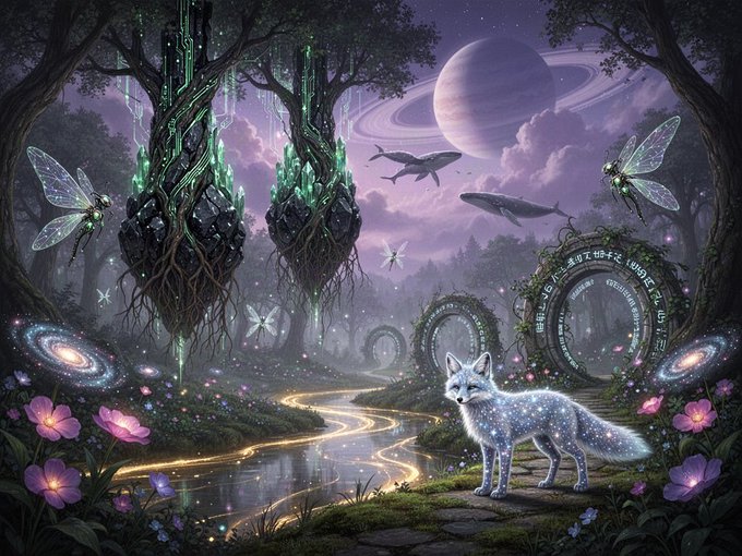 A fantasy digital artwork depicting a glowing, crystalline fox standing in a magical forest at night, with glowing plants, butterflies, whales swimming through the air, and a ringed planet visible in the purple sky.