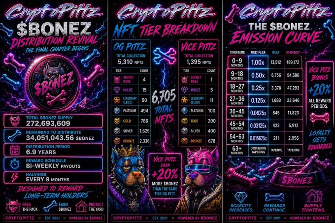 The image shows a graphic design poster of three posts related to cryptocurrency, with two posts containing pictures of dogs (Crypto Pittz and Bitcoin) and one post with text providing information about rewards structures for holding @CryptoPittz Big credit to the big dog @perignon33.