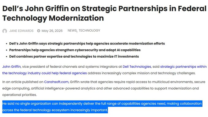 The image shows an article posted on Facebook, discussing the partnership between Dell's John Griffin and the Federal Technology Modernization Agency (FTMA) at the Department of Defense. The post emphasizes that Dell is not a single company but relies on partners such as the Government to achieve its goals in modernizing technology systems for use by US agencies.