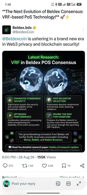 A screenshot of an X (Twitter) post by @BeldexCoin announcing VRF-based PoS Technology, featuring an infographic about 'VRF in Beldex POS Consensus' with 155K Views.