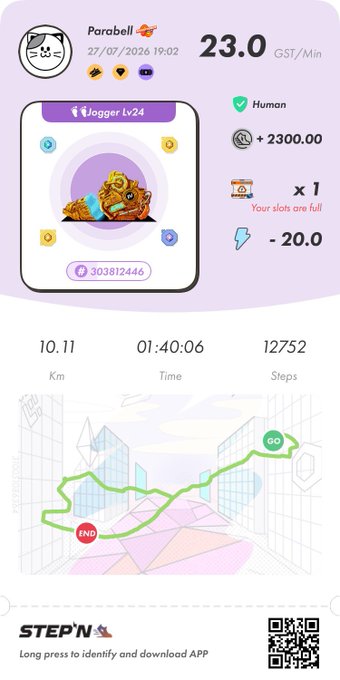 A STEP'N app activity summary card showing stats: 23.0 GST/Min, 10.11 Km, 01:40:06 Time, 12752 Steps, with the username 'Parabell' and a level 24 Jogger NFT sneaker.