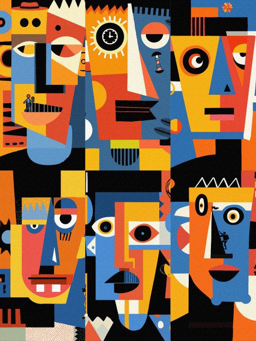A colorful, abstract geometric illustration of overlapping faces and figures in bold blocks of orange, blue, black, and yellow.