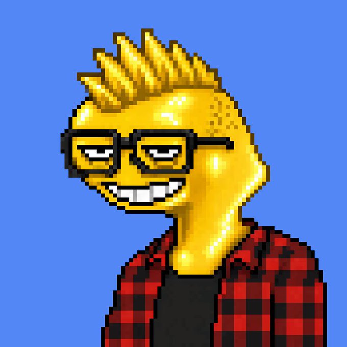 Pixel art illustration of an anthropomorphic yellow pineapple character with spiky hair, rectangular glasses, a confident smirk, and a red-and-black plaid flannel shirt against a blue background.