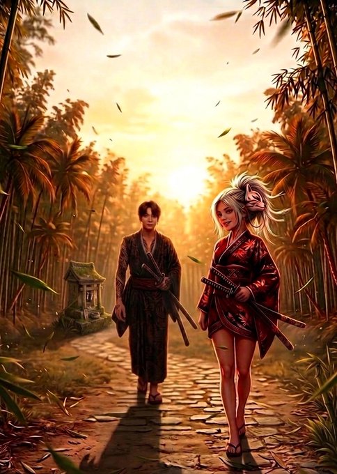 An anime-style digital illustration depicts two characters walking along a stone path through a bamboo forest at sunset, with a small shrine visible in the background.