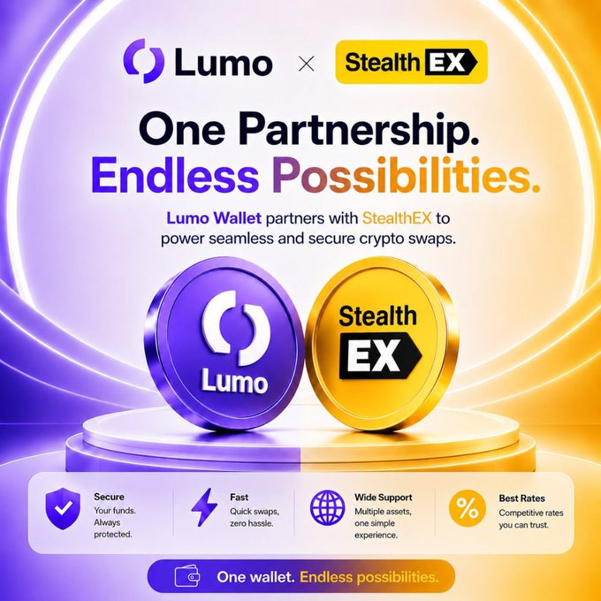 A promotional graphic announces a partnership between Lumo Wallet and StealthEX, featuring the text 'One Partnership. Endless Possibilities.' with purple and gold coin designs highlighting secure, fast, wide-support, and best-rates features.