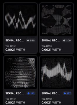 Four dark NFT-style digital trading cards labeled 'SIGNAL REC...' with various viewer counts (580, 300, 192, 197), each showing an abstract waveform or halftone pattern and a 'Top Offer 0.0021 WETH' listing.