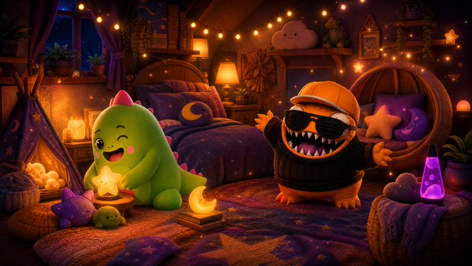 A whimsical illustration shows a cute green dinosaur and a monstrous orange creature wearing sunglasses and a cap relaxing in a cozy, dimly lit bedroom decorated with string lights and plush toys.