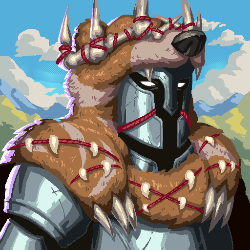 A pixel-art illustration of a warrior wearing a metal helmet and a fur collar adorned with claws and spikes, set against a mountainous landscape.
