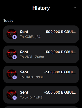 A mobile screenshot showing a transaction history titled "History" displaying four "-500,000 BIGBULL" sent transactions to different wallet addresses under the "Today" section, illustrating the airdrop distribution process described in the accompanying post.