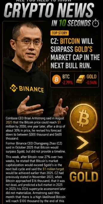 A crypto news graphic features Binance's former CEO Changpeng Zhao, discussing how Bitcoin will surpass gold's market cap in the next bull run, showing BTC down 2.79% and GOLD down 0.94%.