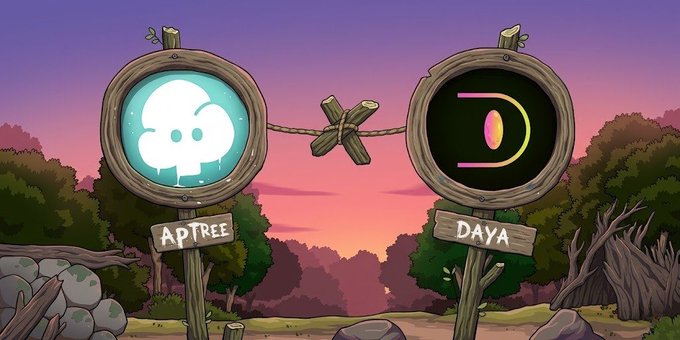 The image features a cartoon scene with two wooden signs, one labeled "APTREE" and the other "DAYA", positioned at different points within an animated forest setting. The signs are connected by a string, symbolizing their connection or relationship. The text in the image reads "Emerging Markets Need APTree. We’ve partnered with @Daya_HQ to deliver the smoothest on-chain savings experience to everyday Africans."