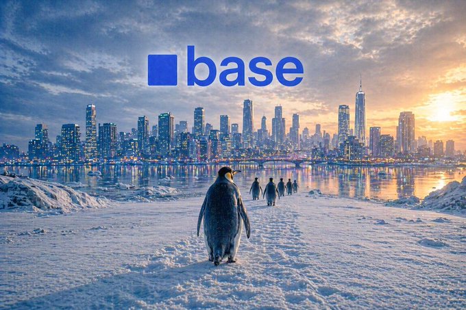 An image shows penguins walking across an icy landscape toward a city skyline at sunset, with the blue "base" logo overlaid in the center.