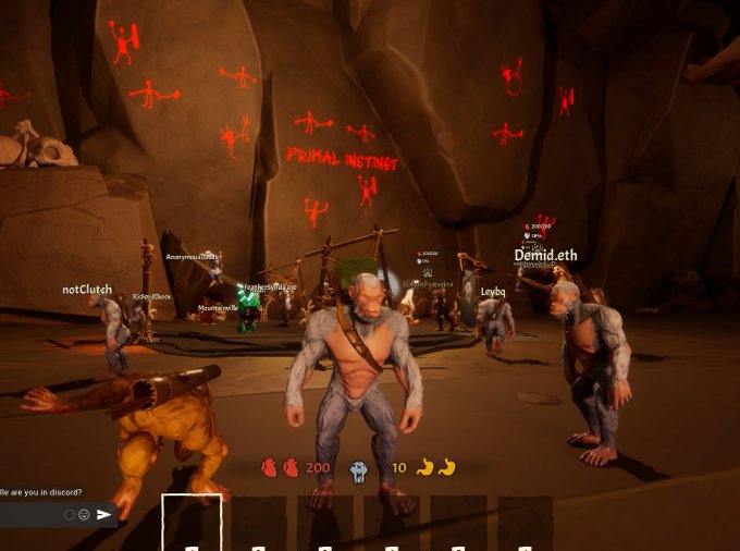 Video game screenshot in a cave with red primitive drawings, including text 'PRIMAL INSTINCT', showing a player character alongside other player avatars like 'notClutch' and 'Demid.eth' with health (200), mana (10), and other stats visible.