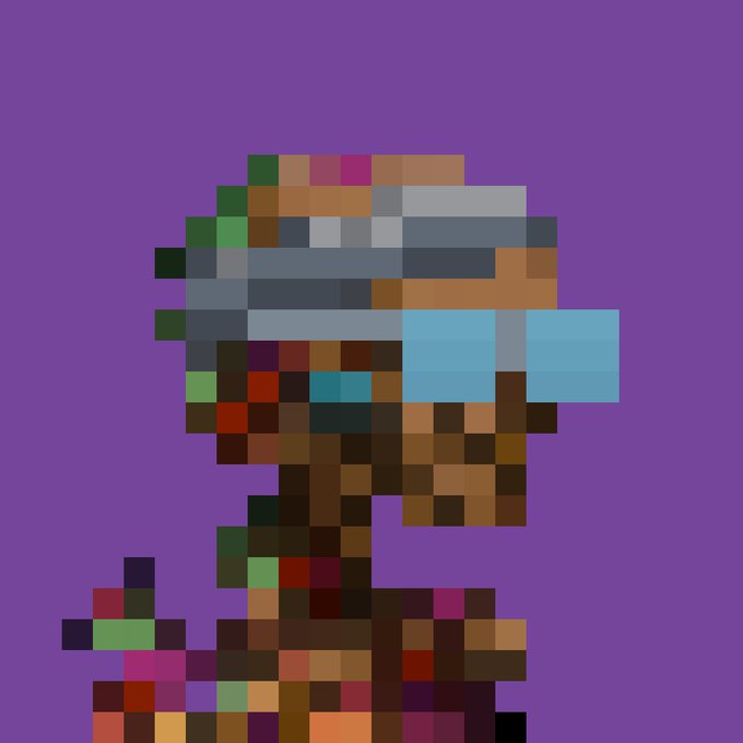 A heavily pixelated, low-resolution digital artwork on a solid purple background depicts a figure with blue, brown, and green blocks, heavily obscuring the details.