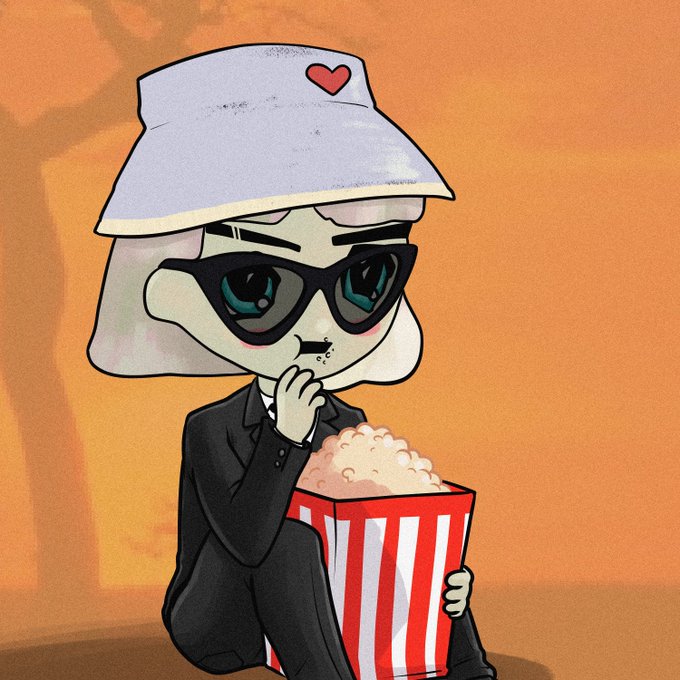 An illustration of a cartoon dog wearing a black suit, sunglasses, and a bucket hat with a heart, eating popcorn from a red and white striped container.