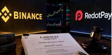 A staged photo depicting a lawsuit scene featuring logos for Binance and RedotPay, with a court document titled "LAWSUIT CLAIM FORMS" placed in front of a gavel and law books.