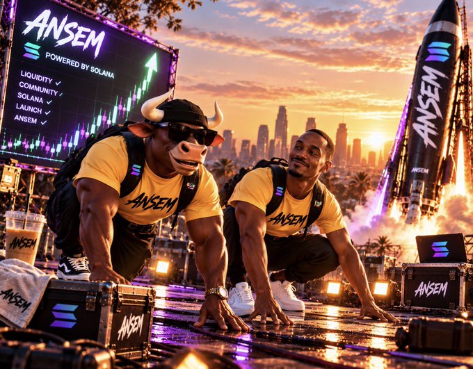 Two men in yellow 'ANSEM' shirts pose in a starting position at a sunset event, with an 'ANSEM POWERED BY SOLANA' screen showing 'LIQUIDITY', 'COMMUNITY', 'SOLANA', 'LAUNCH', and 'ANSEM' with checkmarks, a rocket branded 'ANSEM', and a city skyline in the background.