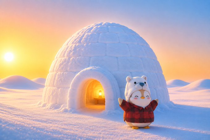 A cute cartoon penguin in a bear-eared hood and plaid jacket stands outside a glowing igloo in a snowy sunset landscape.
