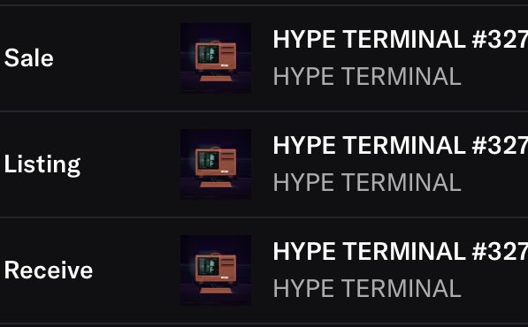 A dark-themed digital interface listing items titled 'HYPE TERMINAL #327', with rows labeled 'Sale', 'Listing', and 'Receive', each accompanied by a retro computer icon.