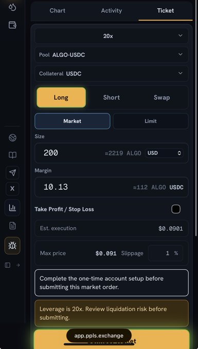 A mobile trading interface for a perpetual futures contract showing a 'Long' market order for ALGO-USDC at 20x leverage with a size of 200 (~$2219 ALGO) and margin of 10.13 USDC, from app.ppls.exchange.