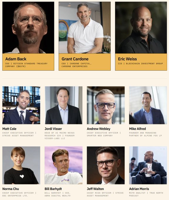 A grid of headshots featuring nine Bitcoin and finance industry leaders—including Adam Back (Blockstream), Grant Cardone (Cardone Capital), Eric Weiss (Blockchain Investment Group), Matt Cole (Strive Asset Management), Jordi Visser (Nexus Research 225), Andrew Webley (Smarter Web Company), Mike Alfred (Alpine Fox LP), Norma Chu (DBC Enterprise), Bill Barhydt (Abra), Jeff Walton, and Adrian Morris (True North Podcast)—promoting the 2nd annual Bitcoin Treasuries Conference in New York on September 28.