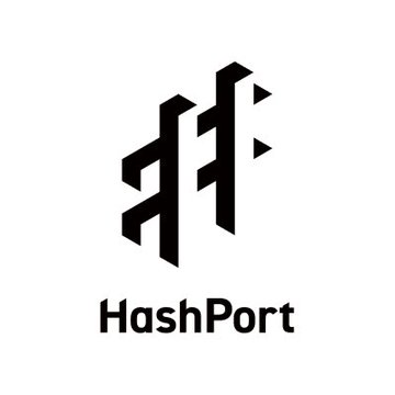 A black and white logo for 'HashPort' featuring a stylized geometric emblem.