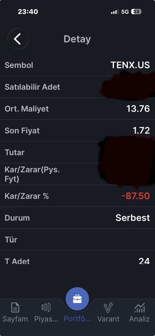 A mobile screenshot of a trading app's "Detay" (Details) page for stock ticker $TENX.US showing a position at 13.76 average cost now valued at 1.72, with a devastating -87.50% loss—visually illustrating the painful drawdown referenced in the caption about the day they bought TENX.