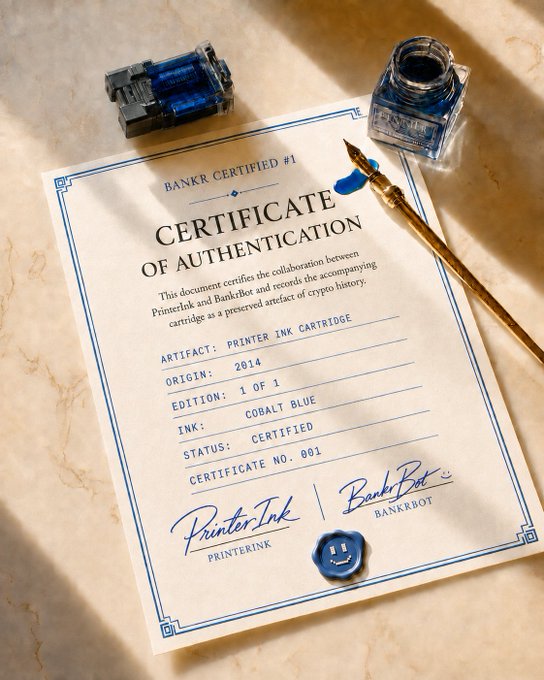 A 'CERTIFICATE OF AUTHENTICATION' (BANKR CERTIFIED #1) displayed with a fountain pen and ink bottle, certifying a collaboration between PrinterInk and BankrBot involving a 'PRINTER INK CARTRIDGE' artifact from 2014, edition 1 of 1, in cobalt blue.
