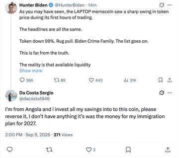 The image shows two tweets: one from Hunter Biden (@HunterBiden) sarcastically commenting on the $LAPTOP memecoin crashing 99%, and a reply from Da Costa Sergio (@docostar1946) lamenting losing all his savings meant for a 2027 immigration plan, highlighting crypto's life-altering impact through both satirical commentary and real personal financial loss.
