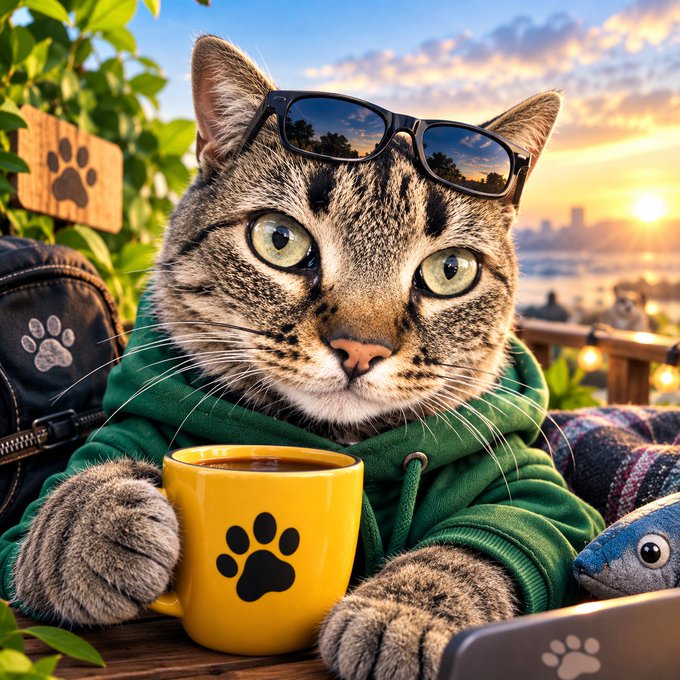 A digital illustration of a tabby cat wearing sunglasses and a green hoodie, holding a yellow paw-print mug at an outdoor café during sunset.