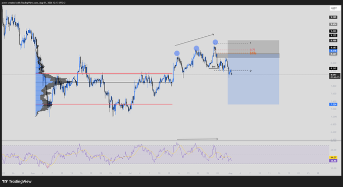 TradingView USDT chart with candlestick patterns, horizontal red support lines, blue circles marking price action, a grey Fibonacci extension zone, and an RSI indicator below.