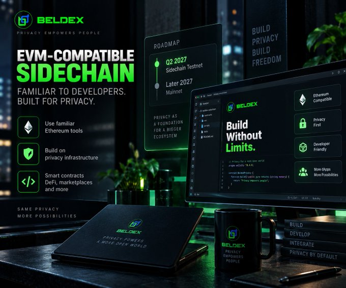A promotional graphic for Beldex, an 'EVM-COMPATIBLE SIDECHAIN', featuring a workspace setup with monitors displaying code, a laptop, and a branded mug.