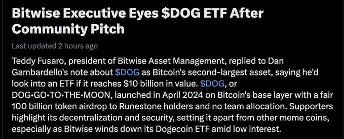 A news article headline reads 'Bitwise Executive Eyes $DOG ETF After Community Pitch', discussing Teddy Fusaro's interest in a $DOG ETF reaching $10 billion in value.