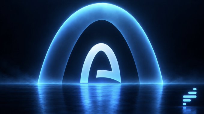 A glowing blue archway with the letter "A" and layered semicircular frames stands on a reflective surface in a dark, misty setting, symbolizing Arc's new blockchain platform. The image's archway mirrors the post's reference to @arc as a gateway for memecoins and NFTs, while its luminous, open design contrasts with the warning about lurking risks like rugs, honeypots, and drainers on the new chain.