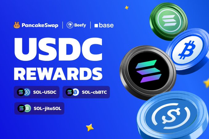 A promotional graphic for PancakeSwap on Base featuring "USDC REWARDS" with token logos for SOL, USDC, cbBTC, and JitoSOL, listing the eligible liquidity pairs: SOL-USDC, SOL-cbBTC, and SOL-JitoSOL for earning USDC incentives through PancakeSwap or Beefy auto-compounding.