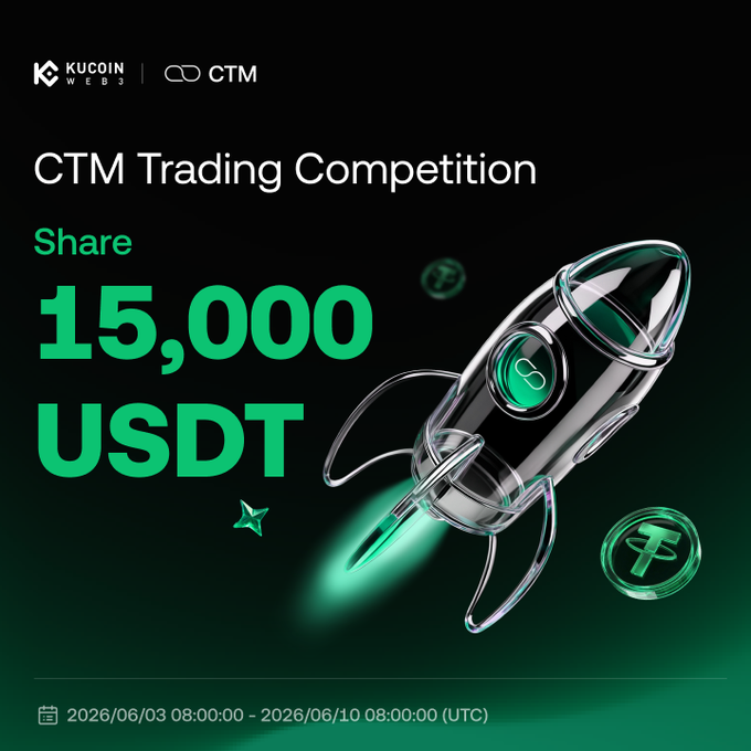 The image features a rocket ship with the text "CTM Trading Competition" written above it, along with the words "share" and "15,000 $USDT". The rocket ship has a green and black color scheme. Below the rocket ship is a green circle with a white star inside of it. The post also includes details about how to enter the competition by following the provided link.