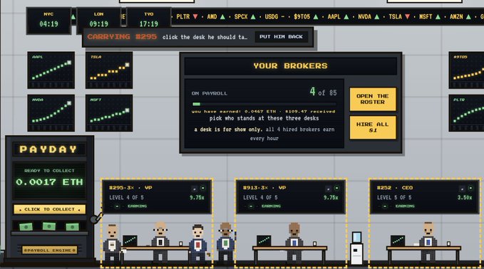 The image shows a pixel-art style "payday" dashboard from what appears to be a crypto/stock trading game, displaying the user's collection of 0.0017 ETH, ticker prices for PLTR, SPCX, USDG, AAPL, NVDA, TSLA, MSFT, and AMZN, and three broker NFT cards: "#295 - 3x VP," "#913 - 3x VP," and "#252 - CEO" with various earnings percentages. This visually represents the user's portfolio mentioned in the post, showing the CEO and VP NFTs that generate daily income in tokens like $USDG and $9TO5, illustrating their modest but consistent "honest work" earnings from the game.