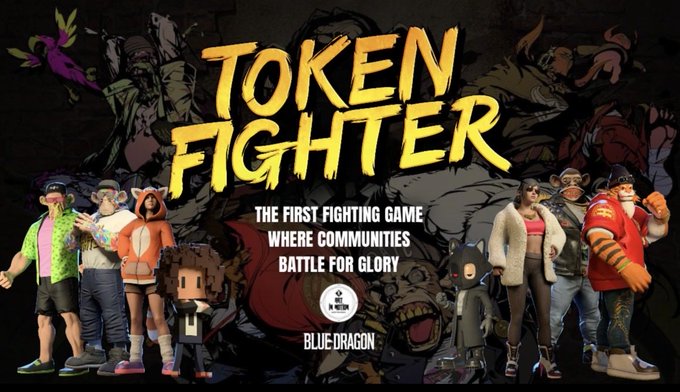 A promotional banner for 'TOKEN FIGHTER', billed as 'THE FIRST FIGHTING GAME WHERE COMMUNITIES BATTLE FOR GLORY', features a lineup of diverse avatar characters from 'BLUE DRAGON' and 'DRAGON Z' against a comic-style background.